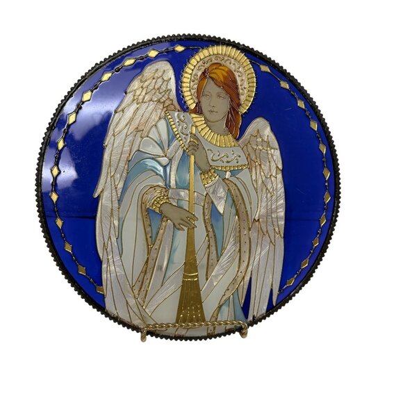 Joane Baker Stained Glass Angel Panel Trumpet Oval Shaped 10" X 10" - Picture 1 of 4